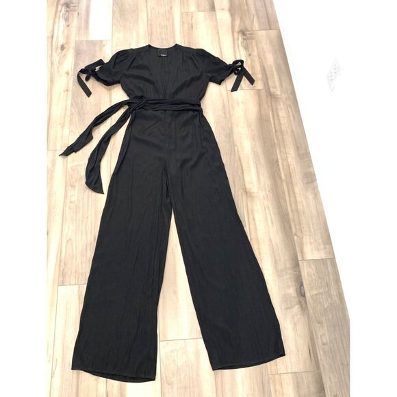 HAILEE C Black Tie Waist V Neck Short Sleeve Wide leg Jumpsuit S - Picture 8 of 12